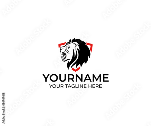 Roaring Lion in the Shield Logo Template. Animal Vector Design. Predator Illustration