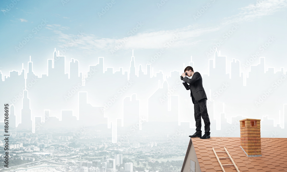 Businessman standing on roof and looking in binoculars. Mixed media Businessman standing on roof and looking in binoculars. Mixed media