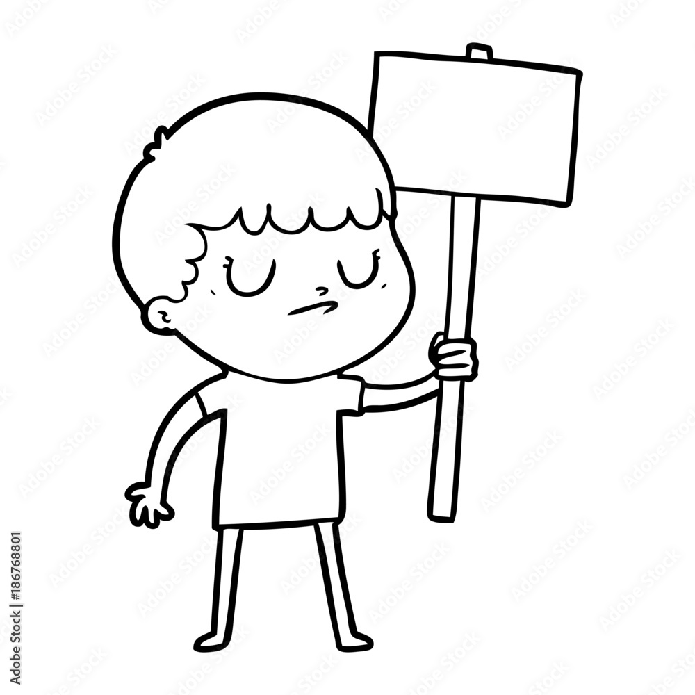 cartoon grumpy boy with placard cartoon grumpy boy with placard