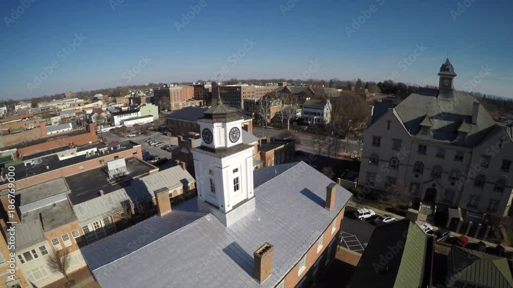 Backing away from the old historic courthouse over the walking mall in