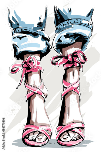 Cute hand drawn legs in shoes. Beautiful summer shoes. Fashion accessories. Sketch. Vector illustration.