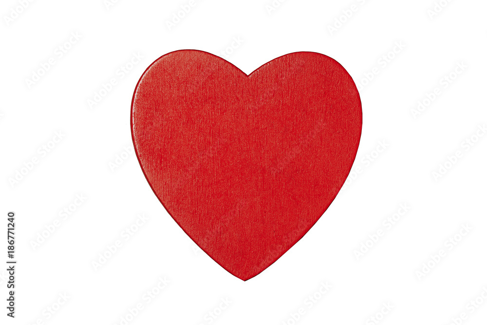 Red wooden valentine heart shape isolated on white background.
