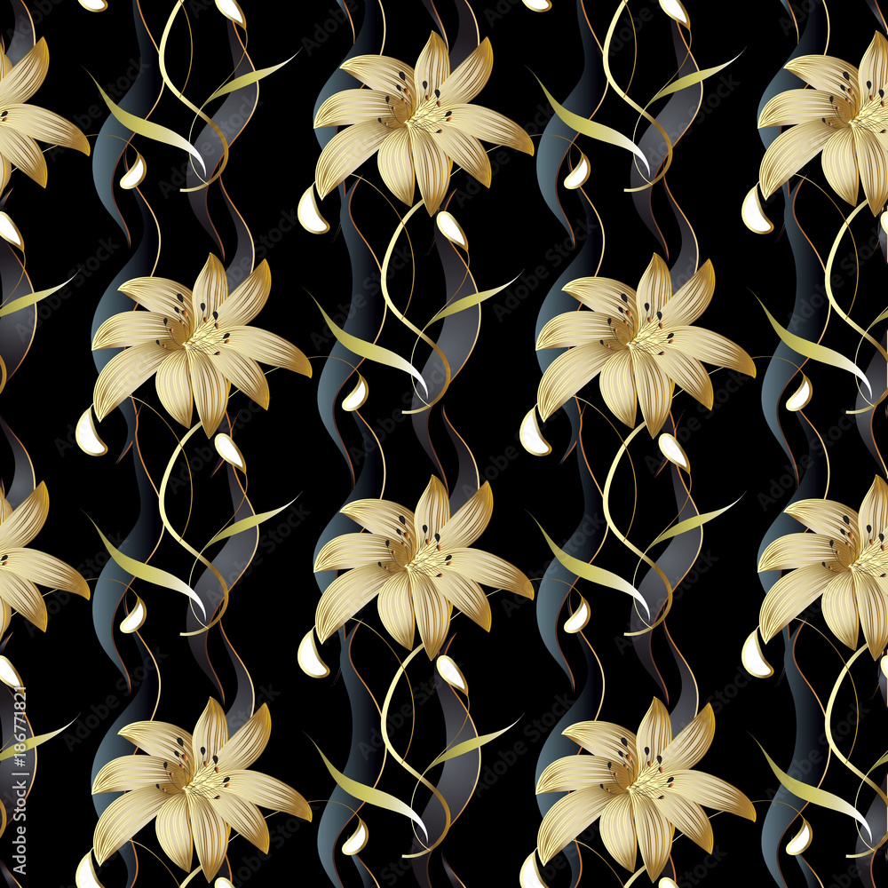 Floral luxury seamless pattern. Vector black striped floral background. 3d  wallpaper with vintage hand drawn gold 3d flowers, swirl leaves, wave  vertical stripes and modern ornaments. Surface texture Stock Vector | Adobe