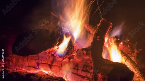Bonfire at night, close up, time-lapse 4K

