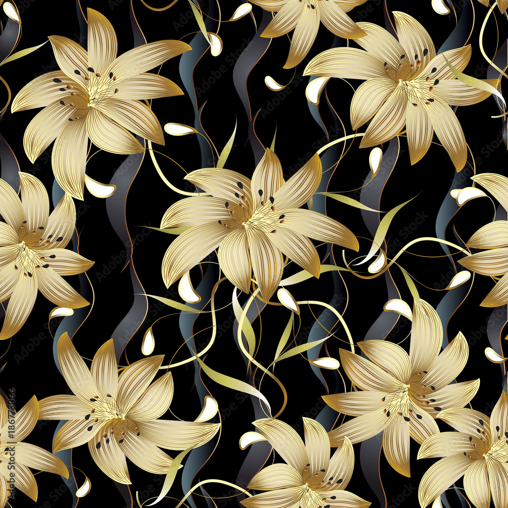 Cảm nhận sự trừu tượng đầy mê hoặc của hoa trên nền vàng với mẫu hoa vàng 3D liền mạch. Thiết kế vector đen và vàng kết hợp với nhau tạo nên một kiểu hoa thật ấn tượng và đầy cá tính.
