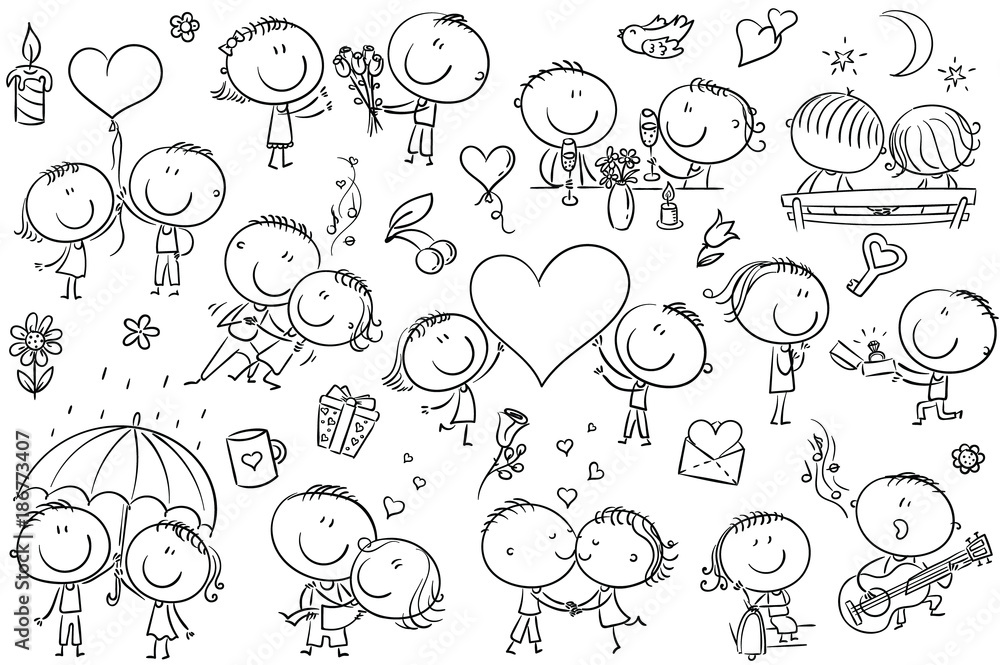 Obraz premium Happy cartoon couples in love, Valentine's Day set