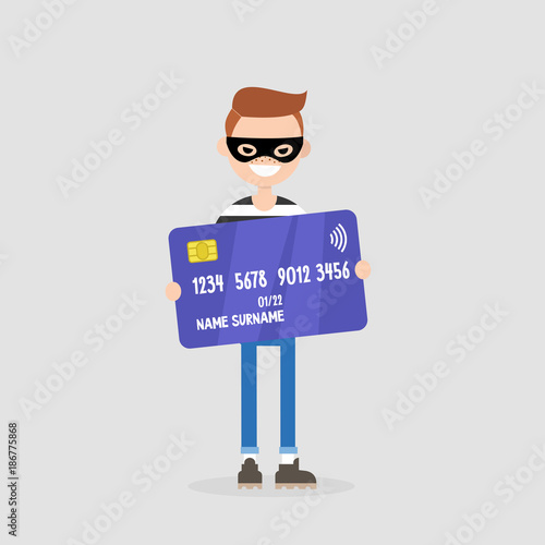 Stealing money. Thief in a black mask holding a credit card. Theft. Robbery. Flat editable vector illustration, clip art