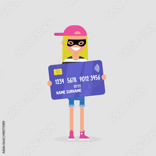 Stealing money. Thief in a black mask holding a credit card. Theft. Robbery. Flat editable vector illustration, clip art