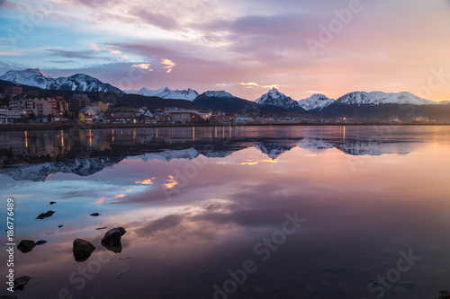 Ushuaia, LA ARGENTINA - AUGUST 12, 2017: Panoramica of Ushuaia city in Argentina at dawn photo