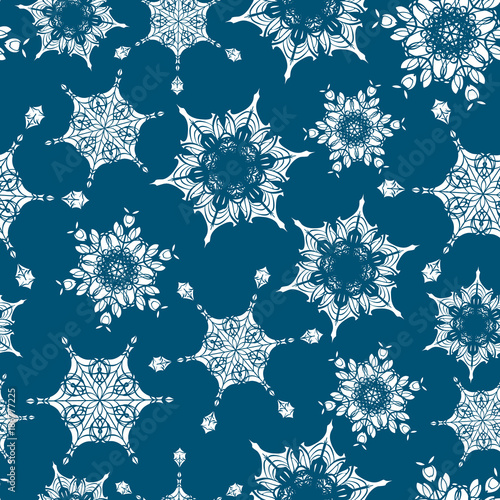 Vector holiday navy blue hand drawn christmass snowflakes repeat seamless pat...