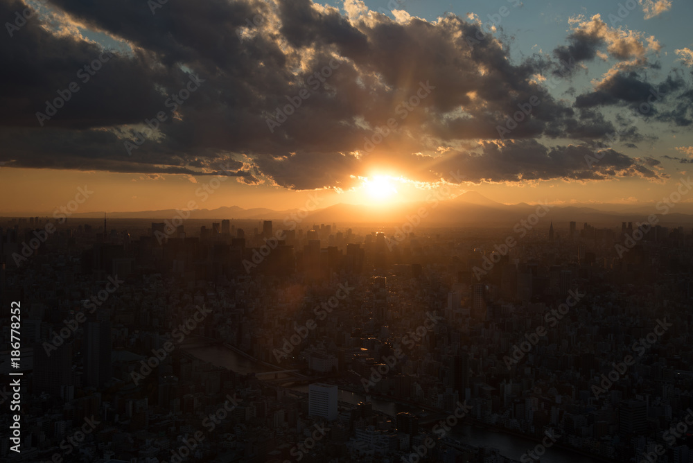 夕暮れ時の東京都心の都市風景