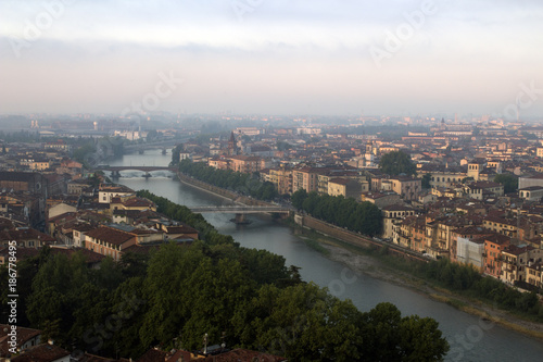 Verona's cityscape early in the morning. Roofs and buildings of the old Italian city.