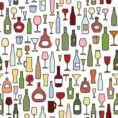 Wine bottle  wine glass tile pattern. Drink wine party background