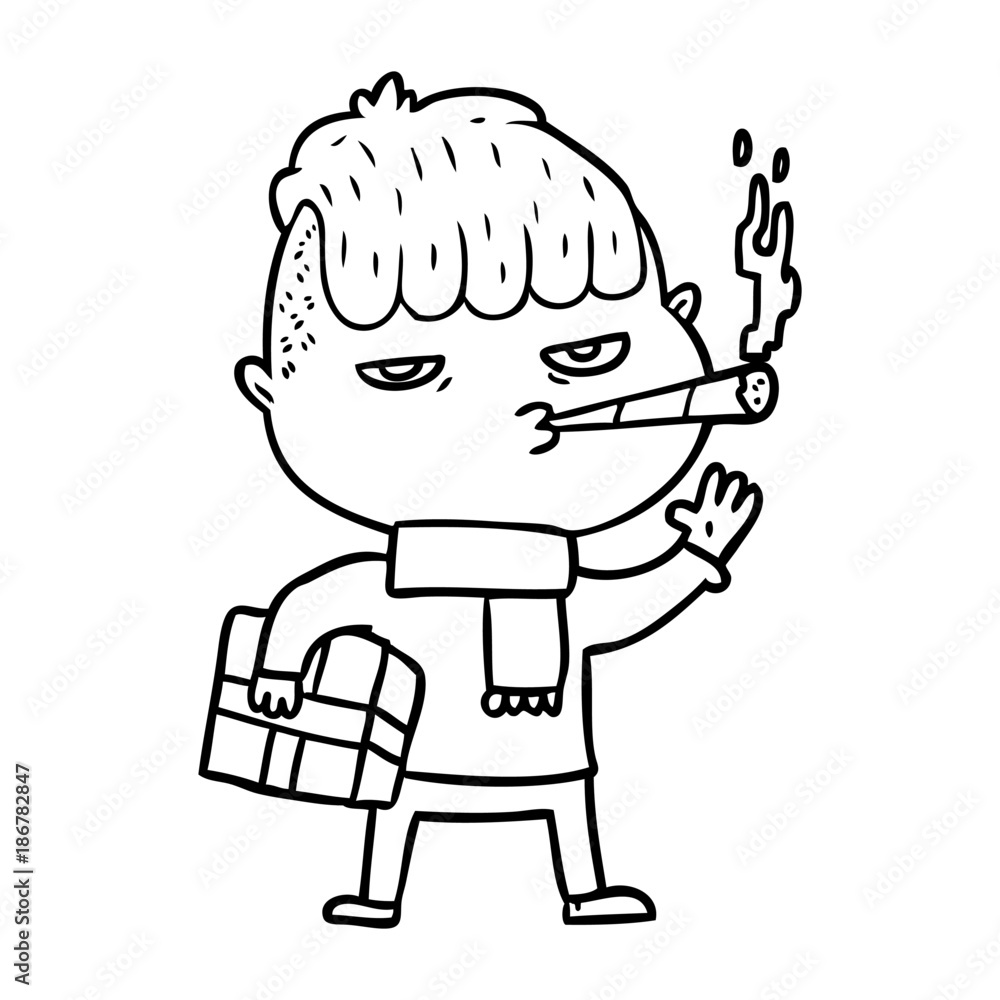 cartoon man smoking carrying christmas gift