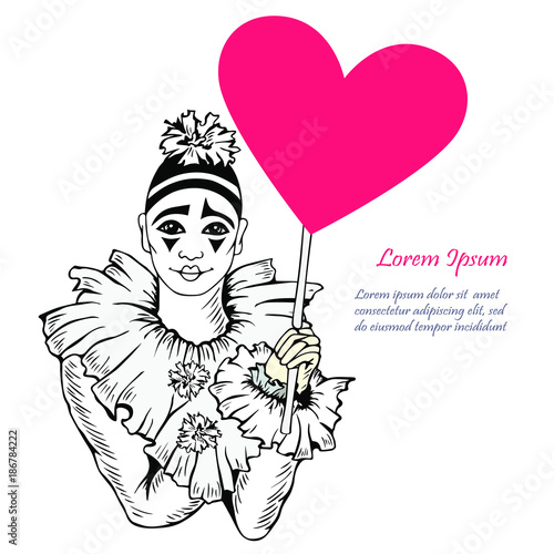 Vector illustration with hand drawn Pierrot with heart isolated on white background. Template for St. Valentine's Day/invitation/party/Mother day/birthday/greetings card. Mime actor  postcard motive.