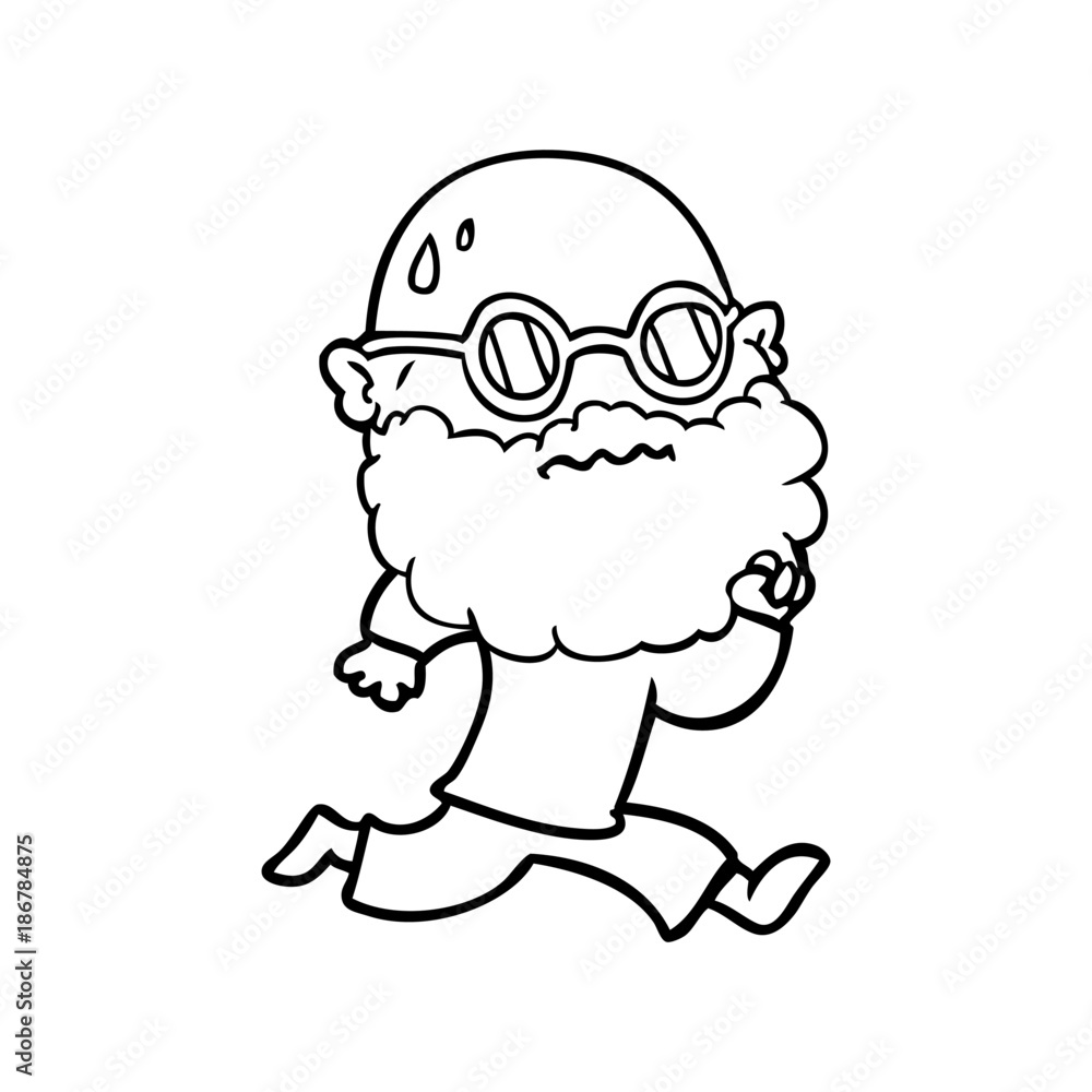 cartoon running man with beard and sunglasses sweating