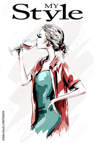 Beautiful young woman with wine glass. Cute hand drawn woman in fashion clothes. Stylish blond hair lady drinking. Sketch.