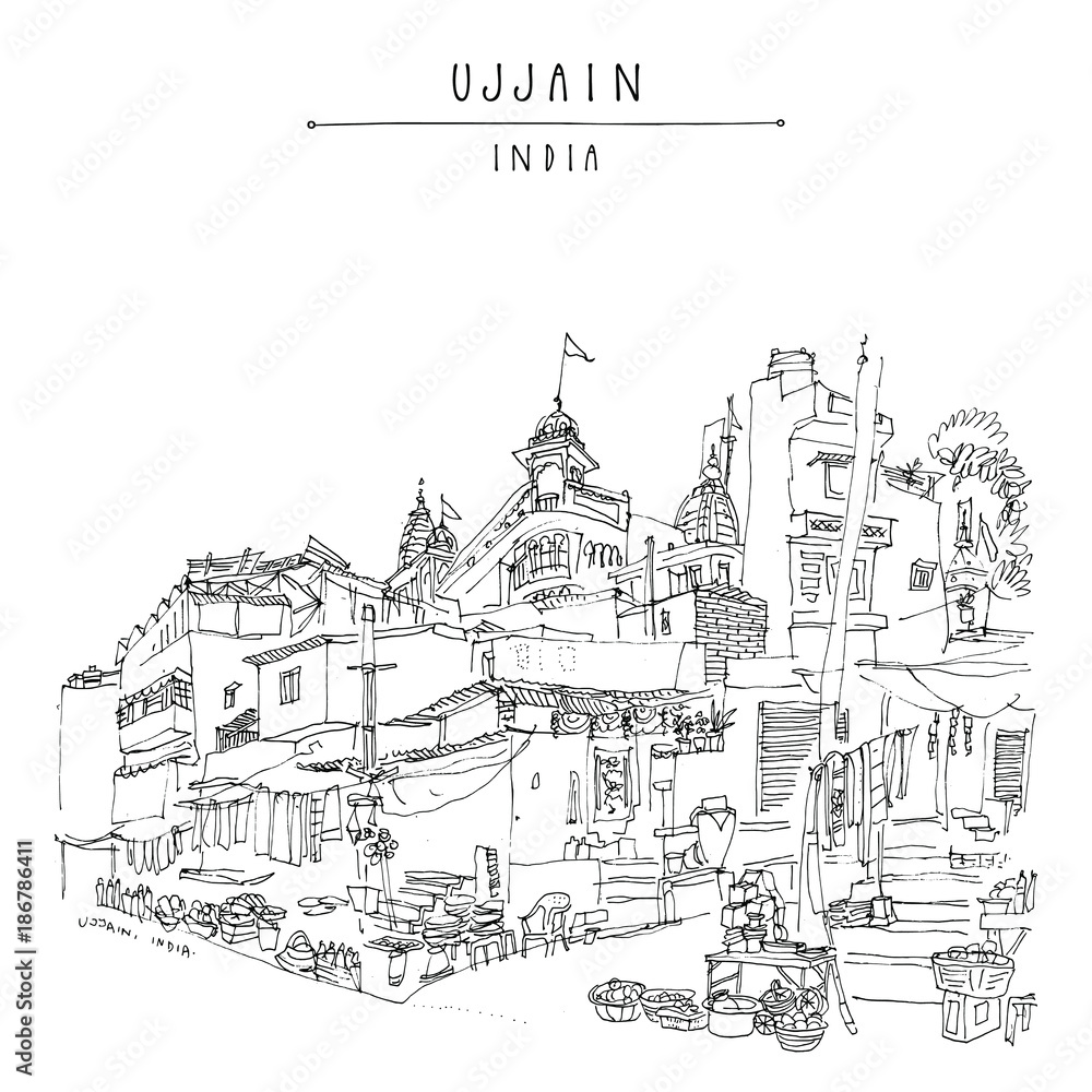 Street in the holy city of Ujjain, Madhya Pradesh, India. Artistic travel sketch. Vintage hand drawn postcard or poster in vector