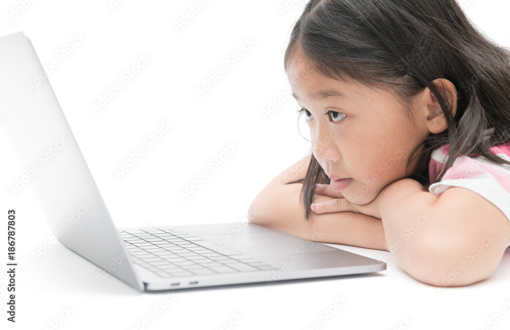 little girl look at monitor laptop isolated little girl look at monitor laptop isolated