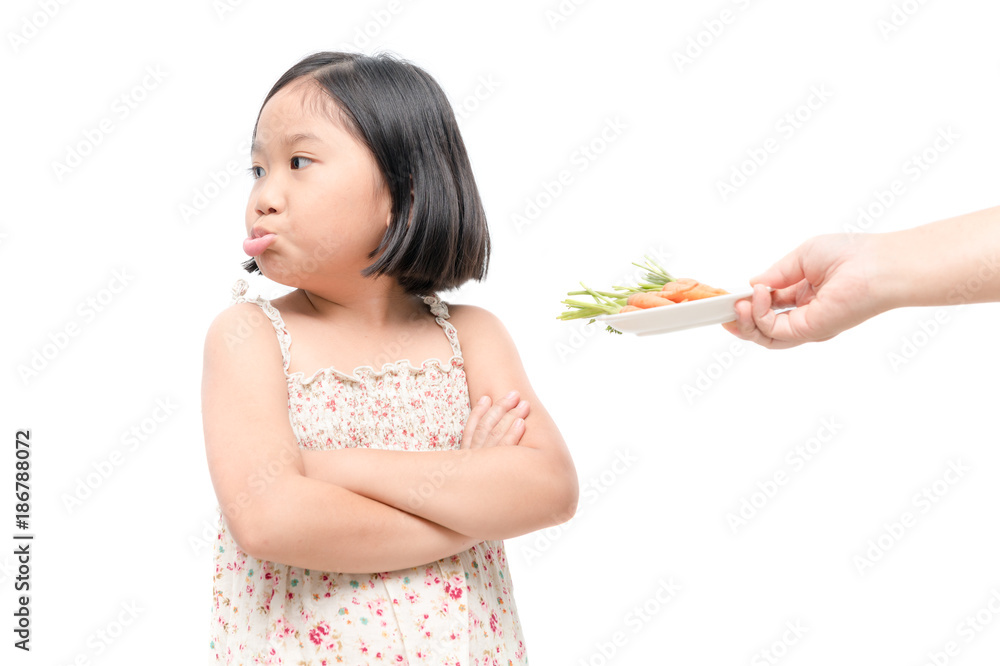 asian child girl with expression of disgust against vegetables isolated on white background asian child girl with expression of disgust against vegetables isolated on white background