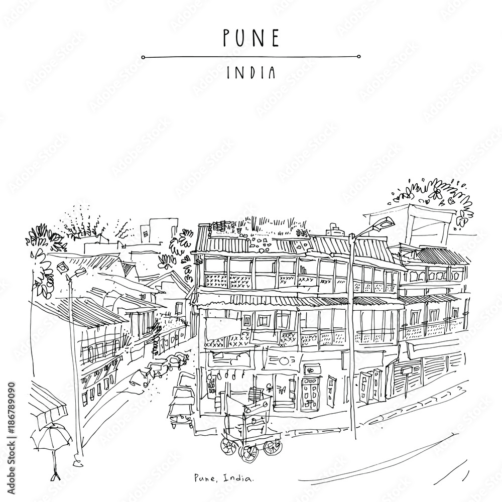Old town street in Pune (Puna, Poona), Maharashtra, India. Travel sketch art. Vintage hand drawn postcard in vector