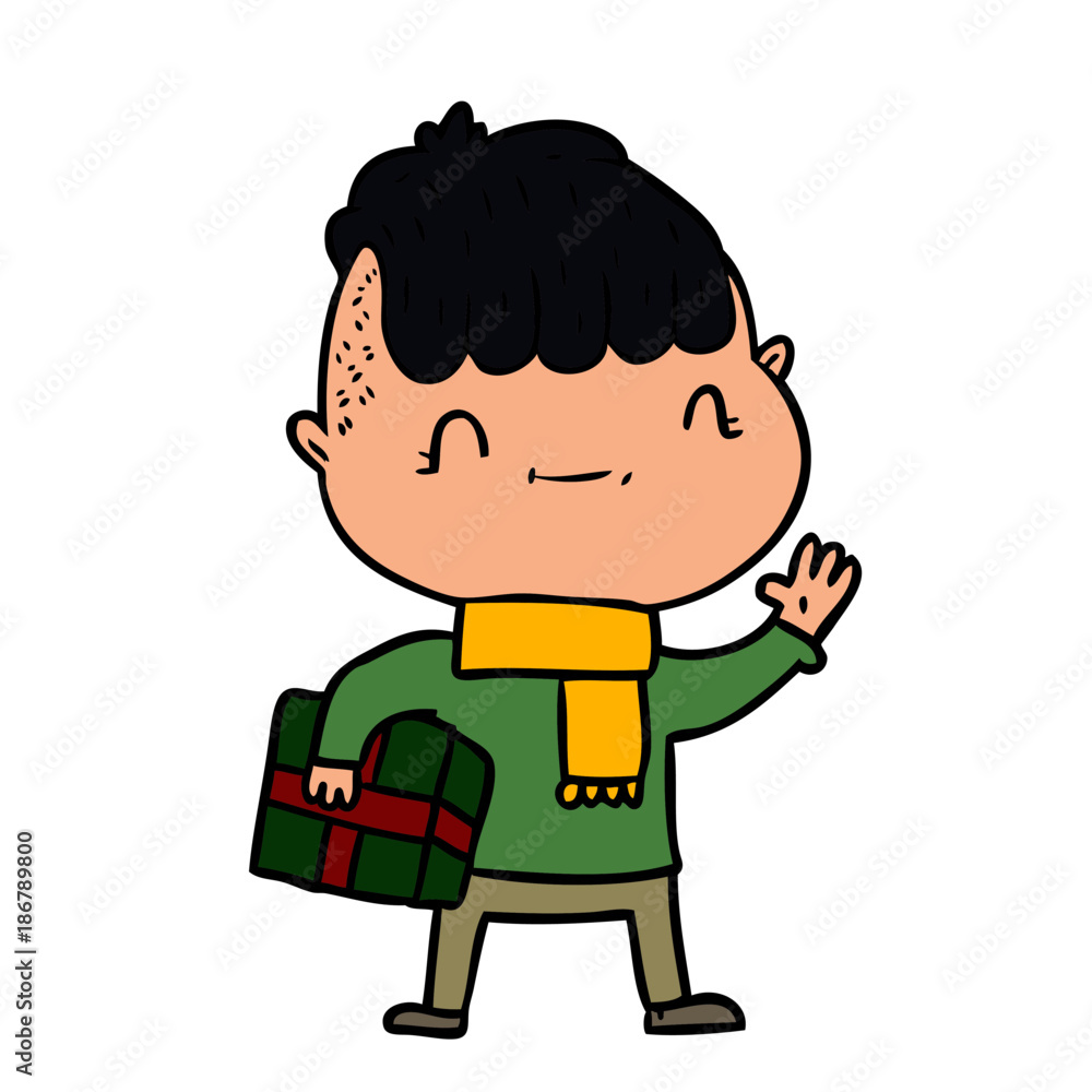 cartoon friendly boy with christmas present cartoon friendly boy with christmas present