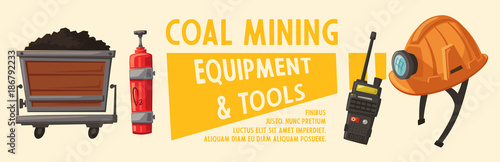 Banners with mining tools. Worker's inventory. Cartoon vector illustration