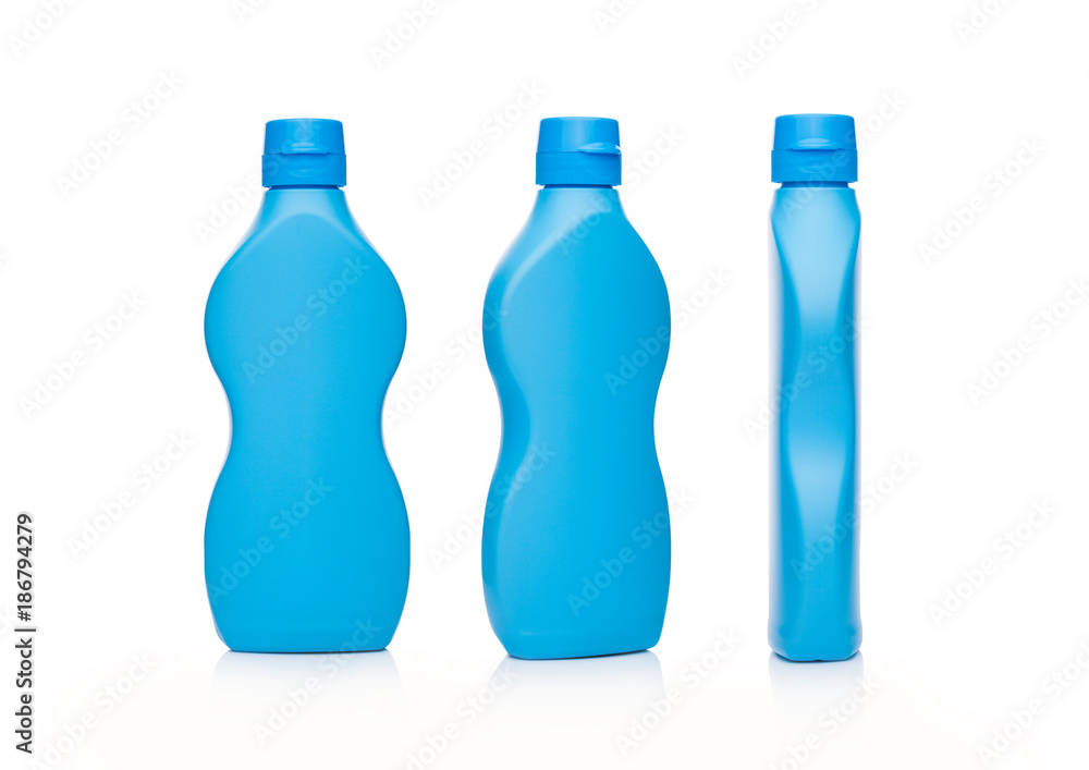 Blue plastic container with sweet toffee liquid Blue plastic container with sweet toffee liquid