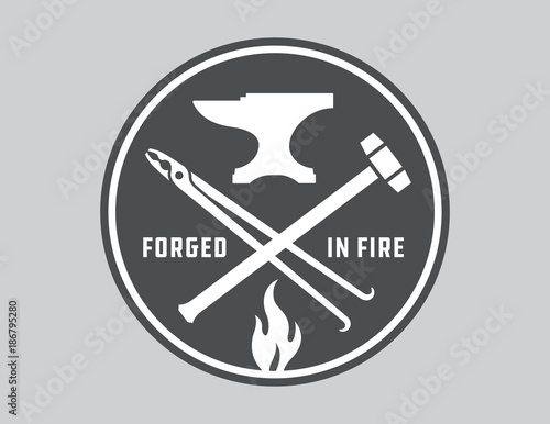 Blacksmith vector emblem or badge.
Retro style blacksmith design with forging tools including hammers, anvil, tongs and fire.