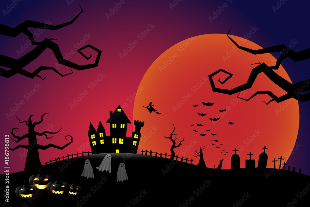 Halloween pumpkins and a flying witch from dark castle with bloody Moon background