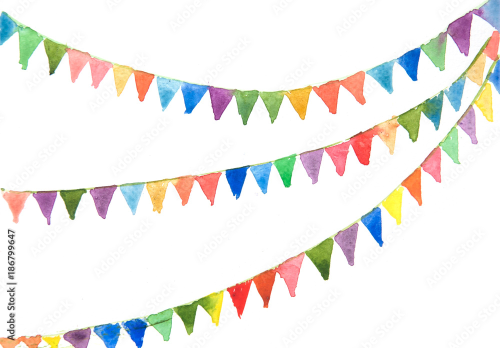 Fototapeta premium Colorful bunting flags on white background, watercolor hand painted on paper