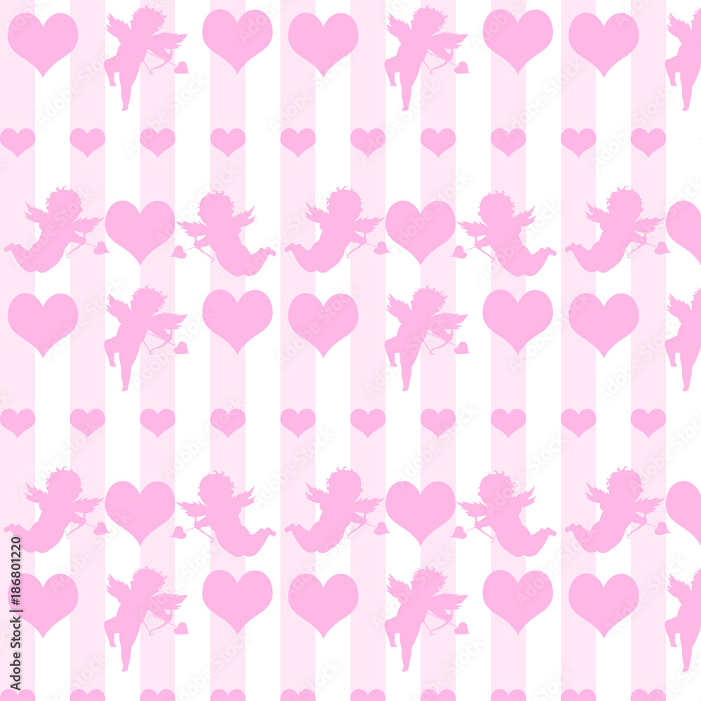 Watercolor pattern with Cupids and hearts