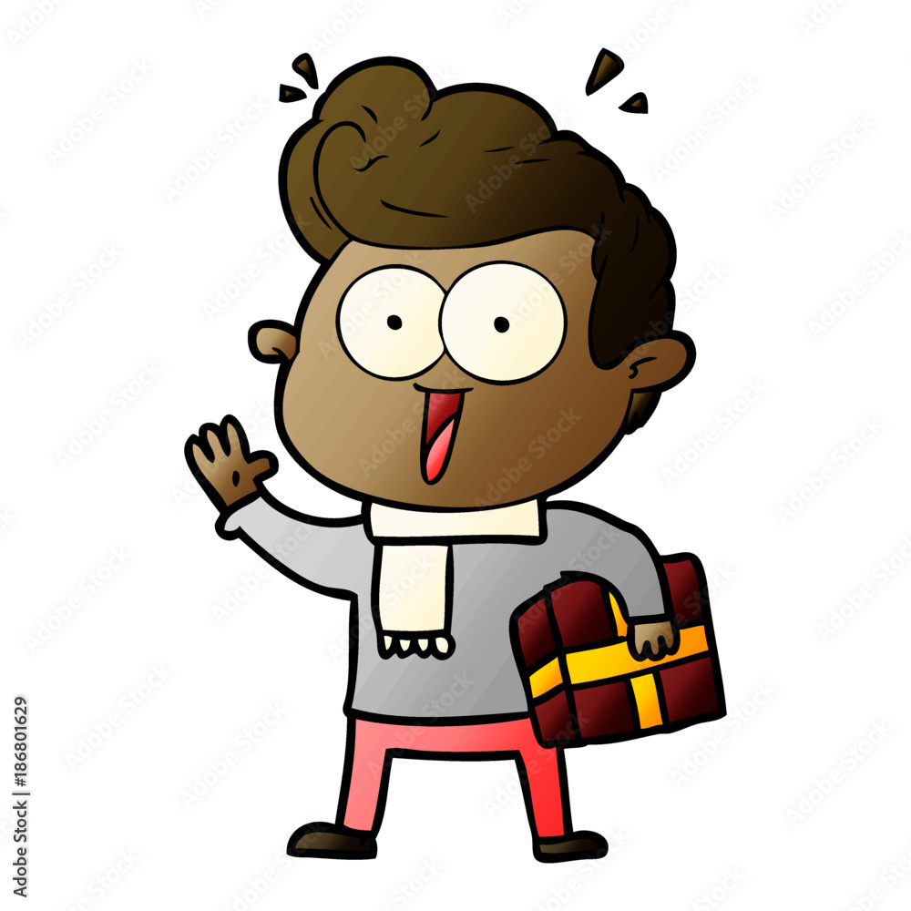 cartoon excited man with present