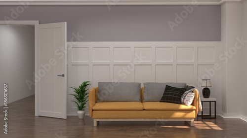 Yellow sofa in front of white and gray wall on wooden floor 3d rendering modern mid century room interior white lamp and sideboard in vintage empty home living room interior design