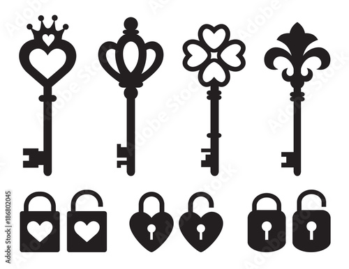 Silhouette of keys and locks with heart and crown shape vector illustration.
