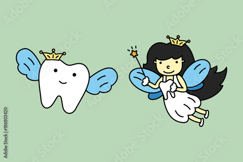 cute tooth fairy flying with healthy teeth