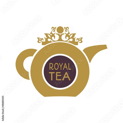 Tea logo template and design element for tea shop, restauran. Teapot vector illustration. Royal tea text