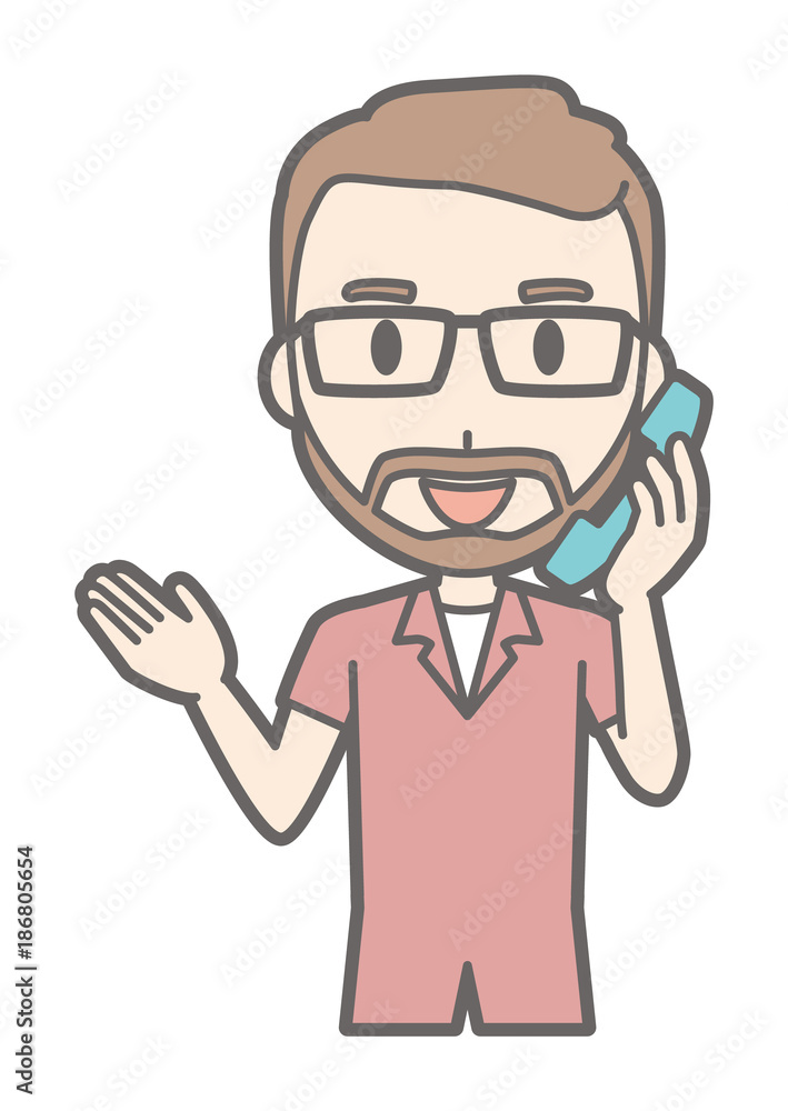 A man with glasses and beard growing is talking on the phone A man with glasses and beard growing is talking on the phone