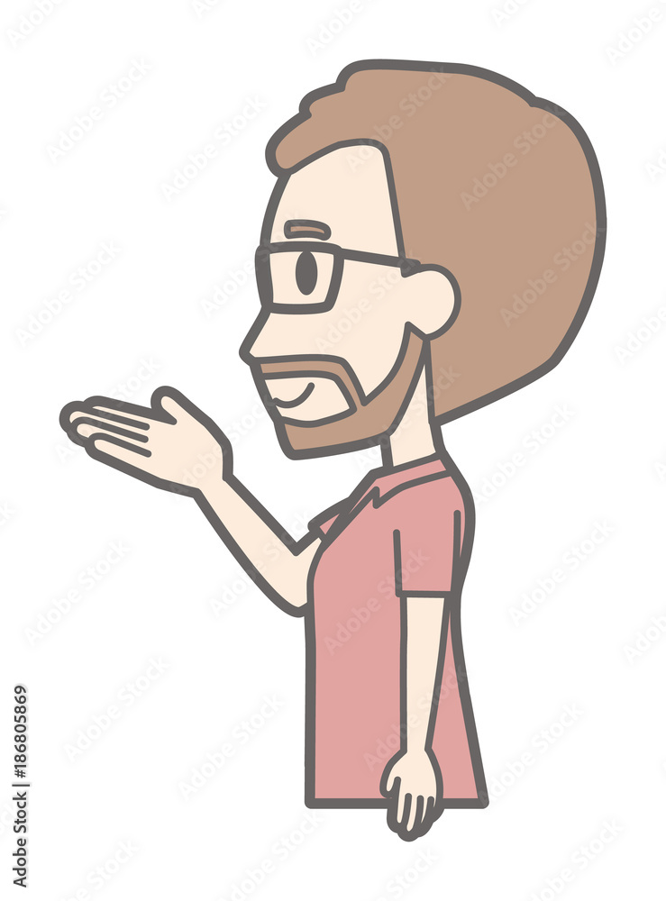 A guy wearing eyeglasses and a beard grows facing sideways and guiding