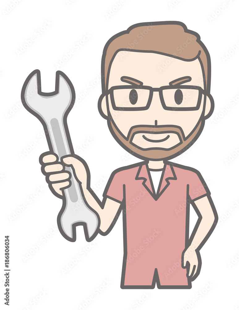 A man who wears glasses and has a beard has a wrench A man who wears glasses and has a beard has a wrench