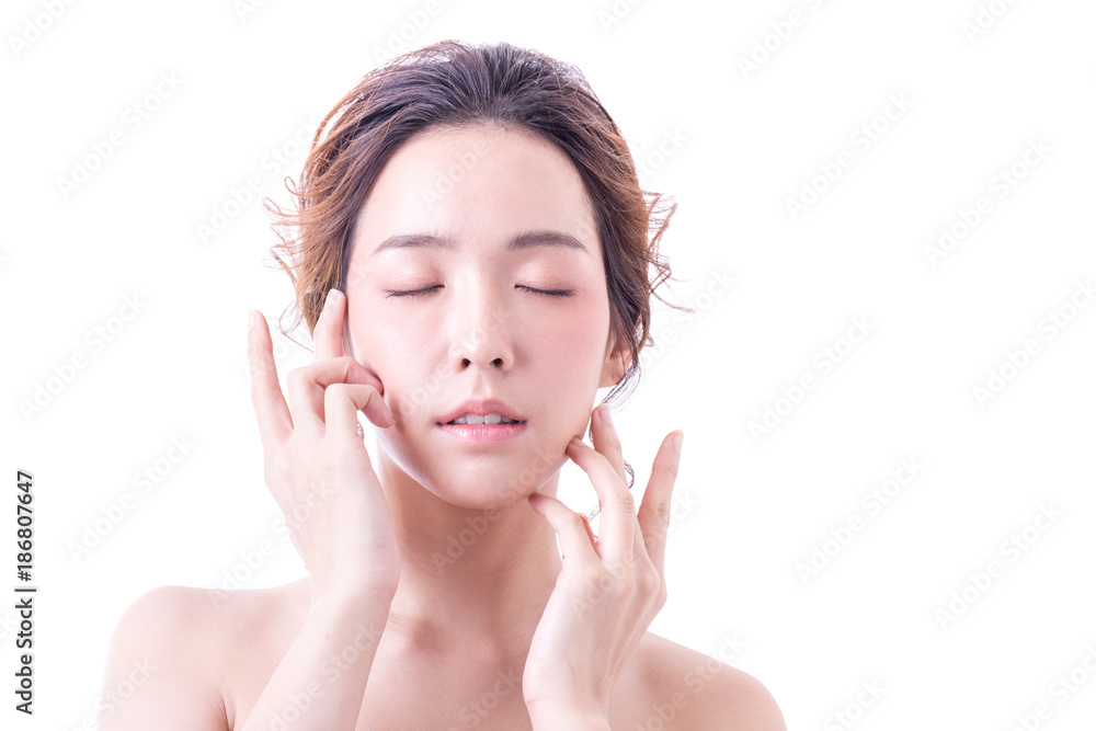Beautiful Asian Woman Portrait. Beautiful Woman looking to camera. Korean Woman Touching her Face. People with Youth and Skin Care Concept. isolated on white background. Beautiful Asian Woman Portrait. Beautiful Woman looking to camera. Korean Woman Touching her Face. People with Youth and Skin Care Concept. isolated on white background.