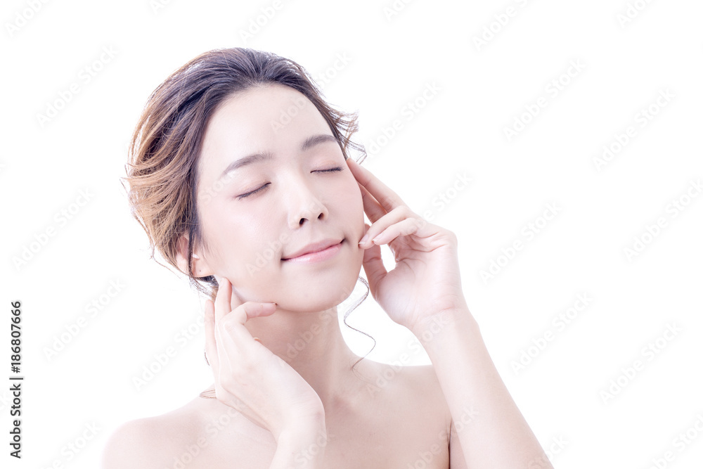 Beautiful Asian Woman Portrait. Beautiful Woman looking to camera. Korean Woman Touching her Face. People with Youth and Skin Care Concept. isolated on white background. Beautiful Asian Woman Portrait. Beautiful Woman looking to camera. Korean Woman Touching her Face. People with Youth and Skin Care Concept. isolated on white background.