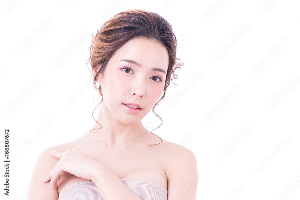 Beautiful Asian Woman Portrait. Beautiful Woman looking to camera. Korean Woman Touching her Face. People with Youth and Skin Care Concept. isolated on white background. Beautiful Asian Woman Portrait. Beautiful Woman looking to camera. Korean Woman Touching her Face. People with Youth and Skin Care Concept. isolated on white background.