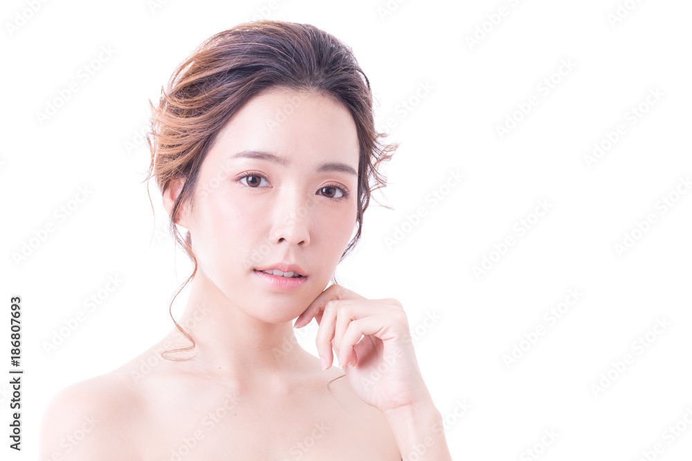 Beautiful Asian Woman Portrait. Beautiful Woman looking to camera. Korean Woman Touching her Face. People with Youth and Skin Care Concept. isolated on white background. Beautiful Asian Woman Portrait. Beautiful Woman looking to camera. Korean Woman Touching her Face. People with Youth and Skin Care Concept. isolated on white background.