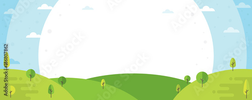 Nature landscape Illustration. Natural landscape in a flat style on blue background. Cute flat design with trees. Summer landscape illustration. 
