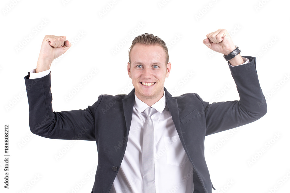 Businessman standing on white background with success feeling, Business success Concept, isolated on white background. Businessman standing on white background with success feeling, Business success Concept, isolated on white background.