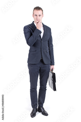 Businessman standing on white background with success feeling, Business success Concept, isolated on white background.
