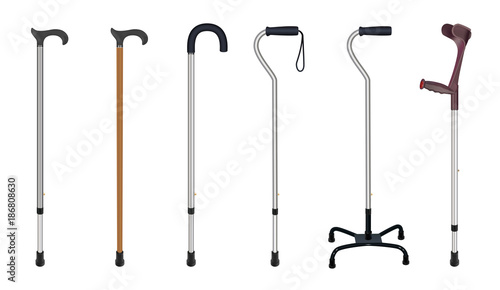 Set of walking sticks and crutches. Telescopic metal canes, wooden cane, cane with additional support,  elbow crutch. Medical devices. Vector illustrations photo