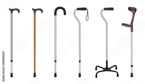 Set of walking sticks and crutches. Telescopic metal canes, wooden cane, cane with additional support,  elbow crutch. Medical devices. Vector illustrations