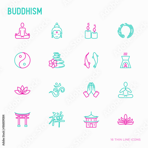 Buddhism thin line icons set: yoga, meditation, Buddha, Yin-Yang, candles, Aum letterm aromatherapy, pagoda, temple. Modern vector illustration.